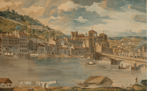 oeuvre de école française xixe siècle - vue de la cathédrale saint-jean de lyon et les quais de la saône - plume et encre noire sur papier