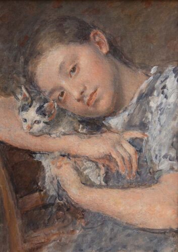 oeuvre de françois-joseph guiguet - jeune fille au chat - huile sur toile