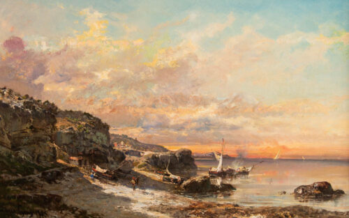 oeuvre de louis guy - barque de pêcheurs près de la falaise au coucher du soleil - huile sur bois