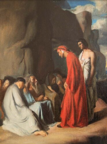 oeuvre de louis lamothe - le dante, conduit par virgile, offre des consolations aux âmes des envieux - huile sur carton