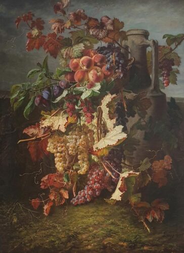 oeuvre de jean-pierre laÿs - fruits, amphore dans un paysage - huile sur toile