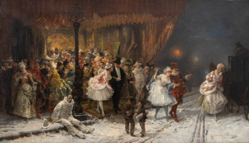 oeuvre de théodore levigne - la sortie du bal masqué au théâtre bellecour en hiver - huile sur toile
