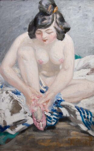oeuvre de jacqueline marval - nu assis chaussant sa ballerine - huile sur toile