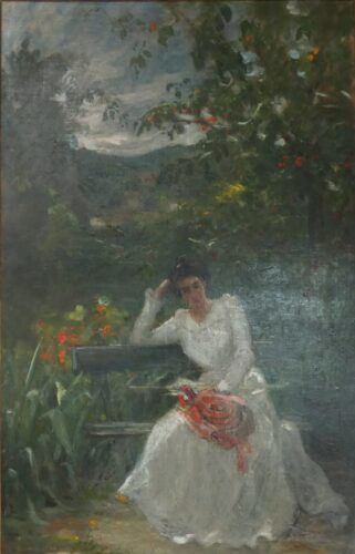 oeuvre de jacques martin - sous l’ombrage ou madame louis martin, née françoise aujas, belle soeur du peintre - huile sur toile