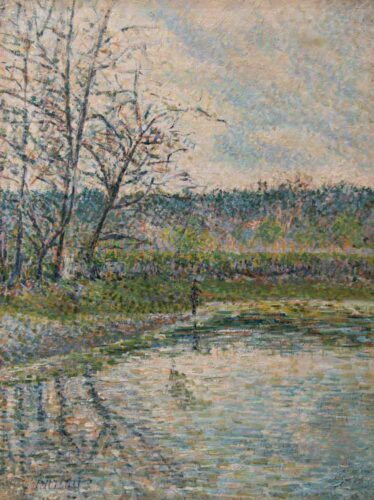 oeuvre de léon pourtau - paysage pointilliste au pêcheur - huile sur toile