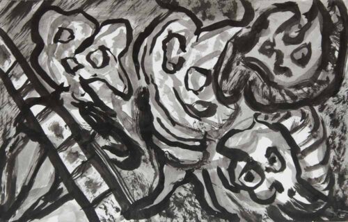oeuvre de jean raine - au pied de l’échelle - encre de chine, lavis et gouache sur papier