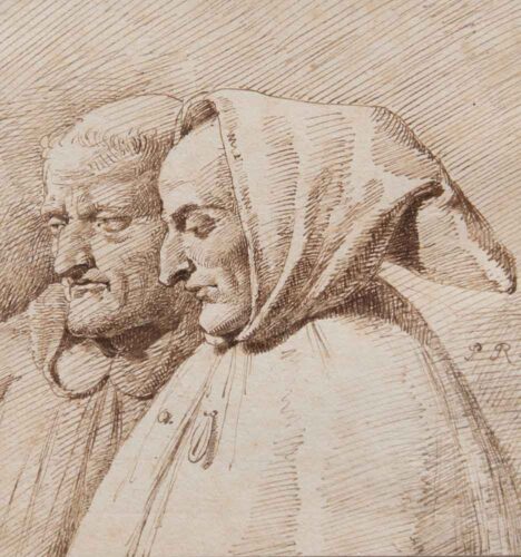 oeuvre de pierre revoil - deux moines - plume et encre brune, lavis brun sur papier