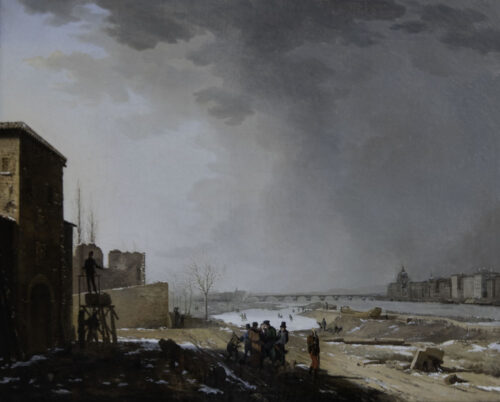 oeuvre de étienne rey - vue de lyon sous la neige, depuis les bords du rhône - huile sur toile