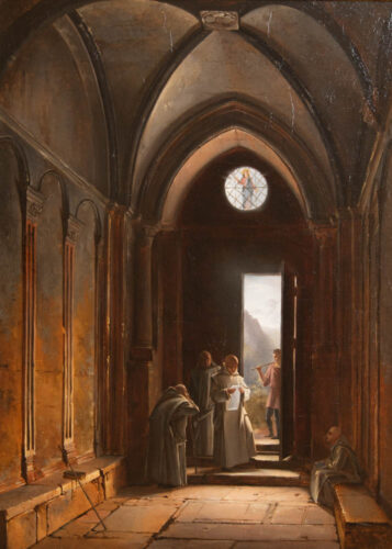oeuvre de fleury richard - assemblée de moines à l’entrée de l’abbaye d’ainay - huile sur toile