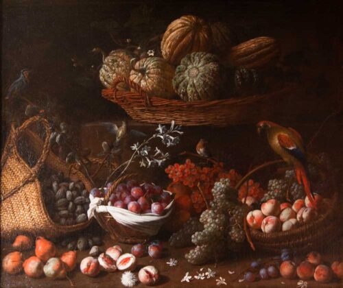 oeuvre de adriaen van der cabel - nature morte avec des fruits et des oiseaux - huile sur toile