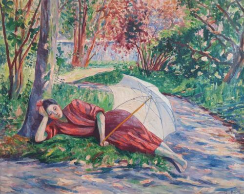 oeuvre de georgette agutte - femme à l’ombrelle - huile sur toile