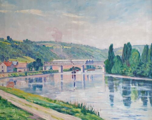 oeuvre de georgette agutte - remorqueur sur la seine - huile sur toile