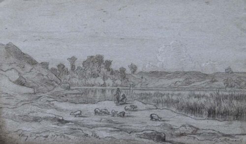 oeuvre de hector allemand - au bord de l’étang - crayon noir sur papier