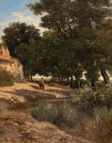 oeuvre de hector allemand - paysan sur son cheval dans un paysage boisé - huile sur panneau