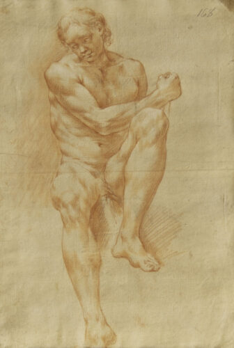 oeuvre de anonyme - académie d’homme, bras sur la jambe - sanguine sur papier