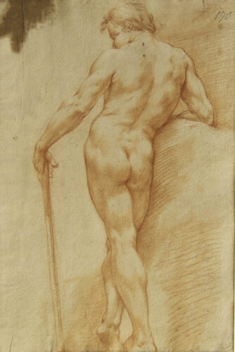 oeuvre de anonyme - académie d’homme, de dos avec canne - sanguine sur papier
