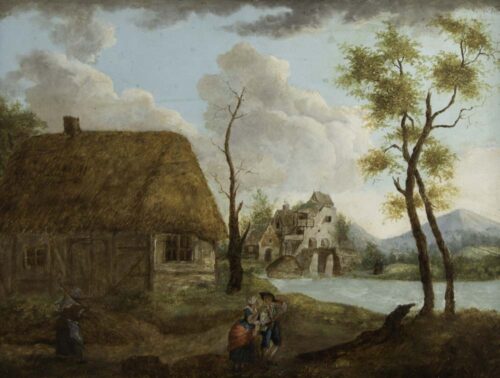 oeuvre de anonyme - petit paysage avec ferme et paysans - huile sur panneau