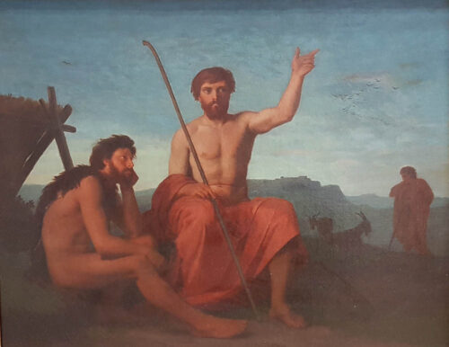 oeuvre de anonyme - trois bergers dans une campagne - huile sur toile