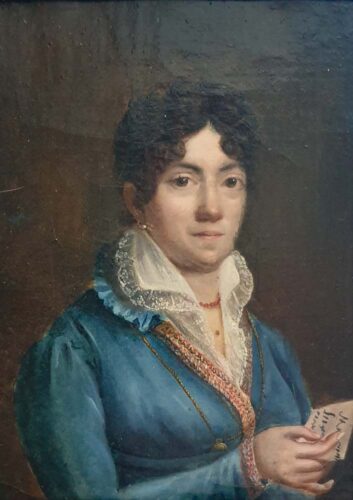 oeuvre de anonyme - petit portrait de femme à la lettre - huile sur toile