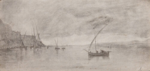 oeuvre de adolphe appian - vue de port avec voiliers - fusain sur papier