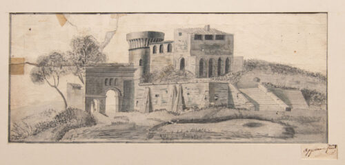 oeuvre de adolphe appian - vue d’architecture (1er dessin connu) - lavis brun sur papier
