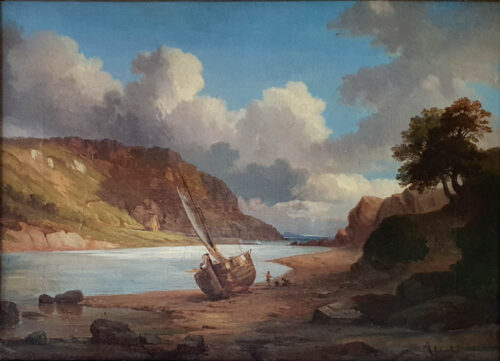 oeuvre de adolphe appian - barque et personnage sur un estuaire - huile sur toile