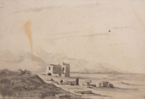 oeuvre de adolphe appian - bâtiment ruiné et blocs de taille - lavis brun sur papier