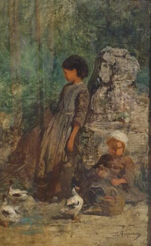 oeuvre de adolphe appian - enfants près de la marre aux canards - huile sur toile