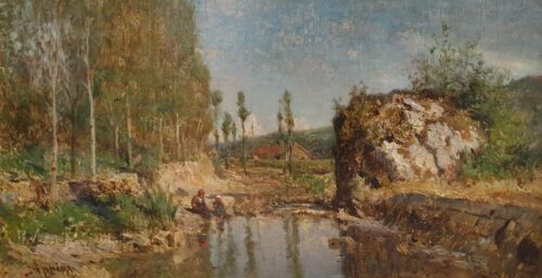 oeuvre de adolphe appian - femme et enfant au bord de la marre - huile sur toile