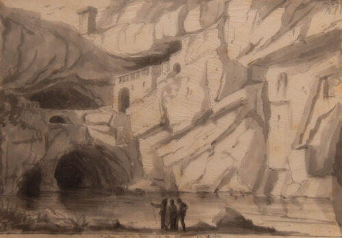 oeuvre de adolphe appian - grotte sur le bord de la mer en sicile - lavis brun sur papier