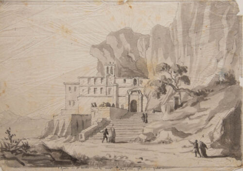 oeuvre de adolphe appian - grotte de sainte rosalie sur le mont pellegrino, près de palerme - lavis brun sur papier