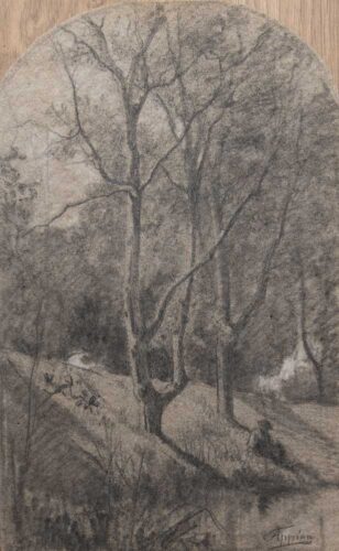oeuvre de adolphe appian - homme au chapeau assis à la lisière d’une forêt - fusain sur papier