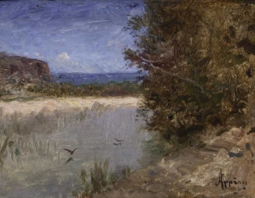 oeuvre de adolphe appian - paysage de bord de rivière avec mer au fond - huile sur toile