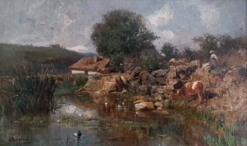 oeuvre de adolphe appian - paysans et leurs bêtes près de l’étang de la ferme - huile sur toile