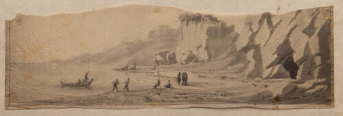 oeuvre de adolphe appian - pêcheurs ramenant une barque, site antique et grotte - lavis brun sur papier calque