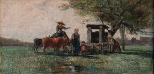 oeuvre de adolphe appian - scène autour du puits - huile sur toile