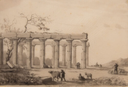 oeuvre de adolphe appian - temple de métaponte près de tarente - lavis brun sur papier