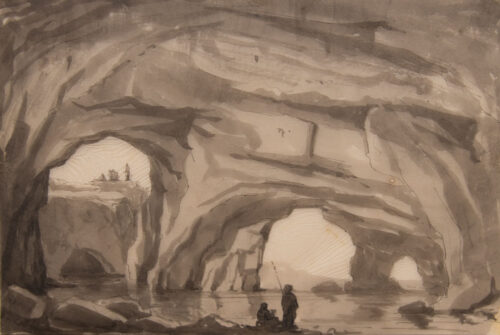 oeuvre de adolphe appian - vue depuis des grottes de mer méditérranée - lavis brun sur papier calque