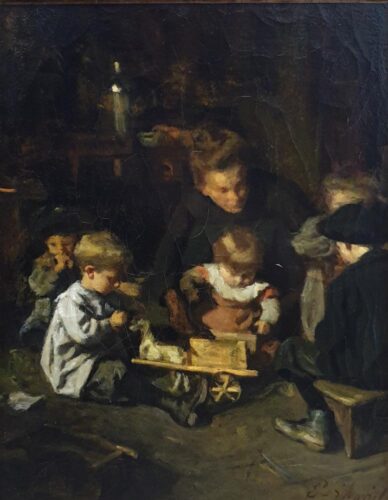 oeuvre de edouard d’apvril - mère et ses enfants dans un intérieur - huile sur toile