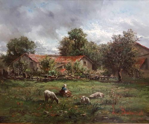 oeuvre de auguste balouzet - paysage animé dans la campagne - huile sur toile