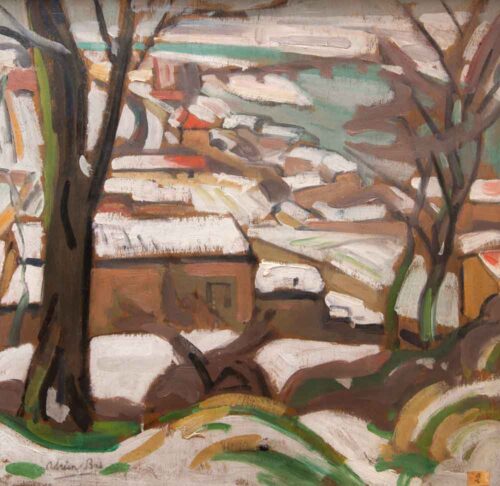 oeuvre de adrien bas - neige en bord de saône - huile sur panneau