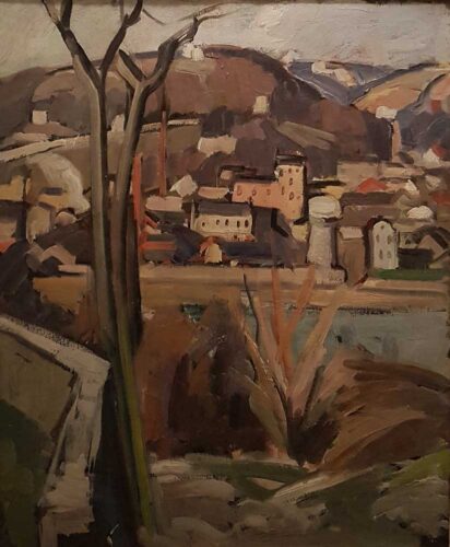 oeuvre de adrien bas - grand paysage fluviale - huile sur toile