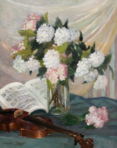 oeuvre de adrien bas - hortensias et violon - huile sur toile