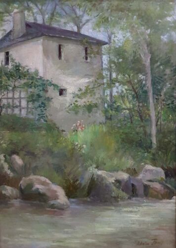 oeuvre de adrien bas - maison au bord de la rivière - huile sur toile