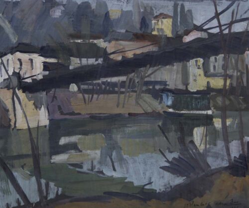 oeuvre de adrien bas - la passerelle île barbe - gouache sur papier