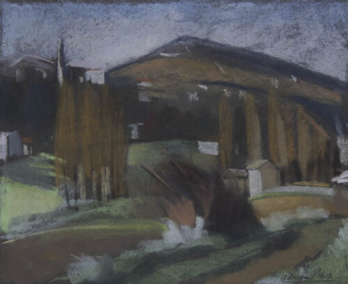 oeuvre de adrien bas - paysage avec colline et rideaux d’arbres - pastel sur papier