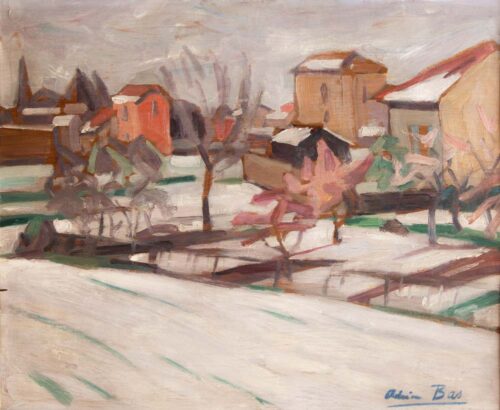 oeuvre de adrien bas - paysage sous la neige - huile sur panneau