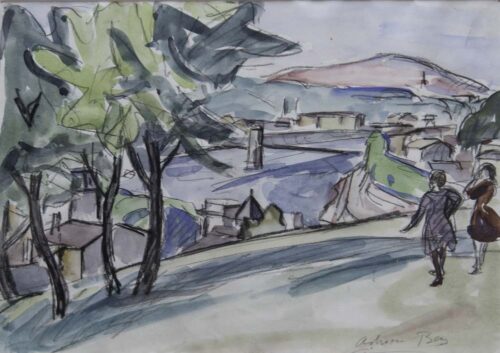 oeuvre de adrien bas - personnages et vallée de la saône - aquarelle sur papier