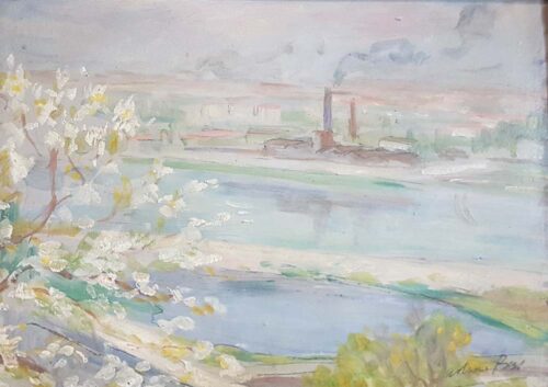 oeuvre de adrien bas - printemps sur la saône - huile sur carton