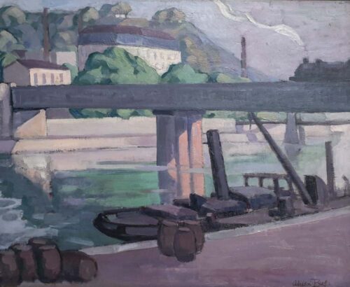 oeuvre de adrien bas - train à vapeur franchissant la saône sur le pont de chemin de fer de perrache - huile sur panneau